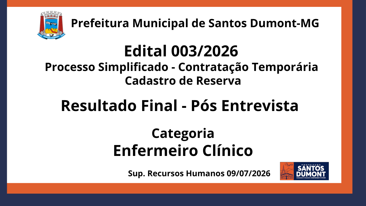 Edital 003/2026   Categoria  Enfermeiro Clínico  / Resultado Pós Enterevista